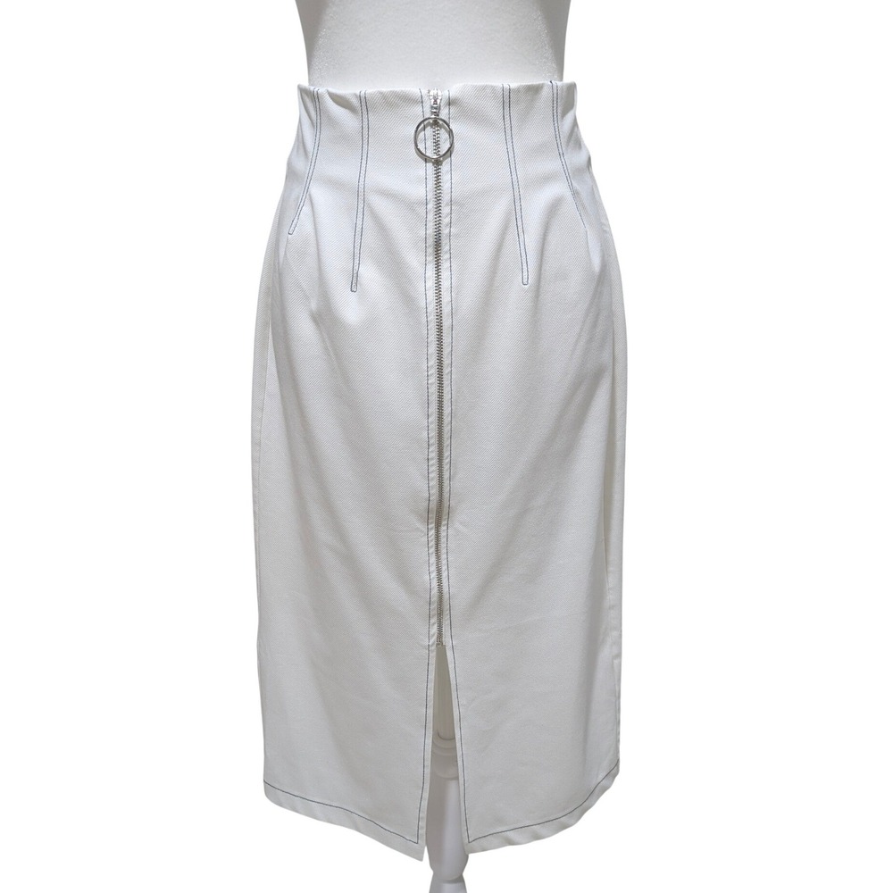 Topshop White Contrast Stitch‎ Zip Front O-Ring Front Slit Midi Skirt Size US 6